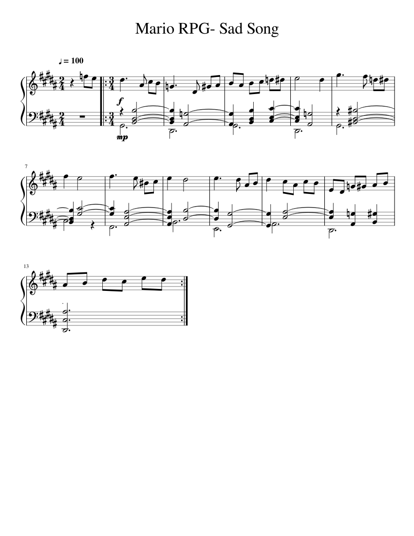 スーパーマリオRPG: 悲しい曲 楽譜 ピアノ (ソロ) easy | MuseScore.com