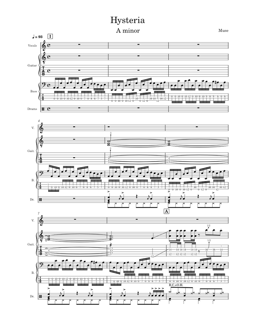 Hysteria Muse Sheet music for Flute, Guitar, Bass guitar, Drum group