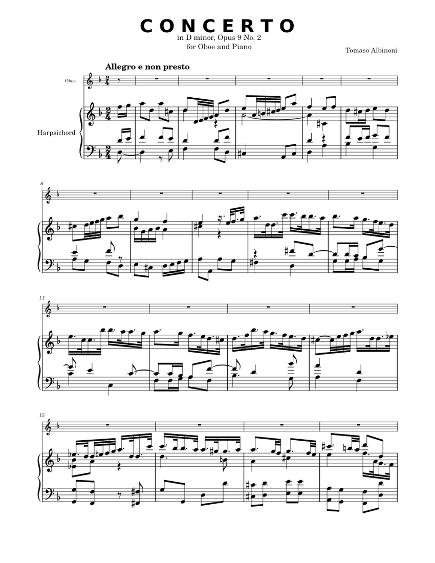 Oboe Concerto in D minor Tomaso Albinoni Sheet music for Harpsichord
