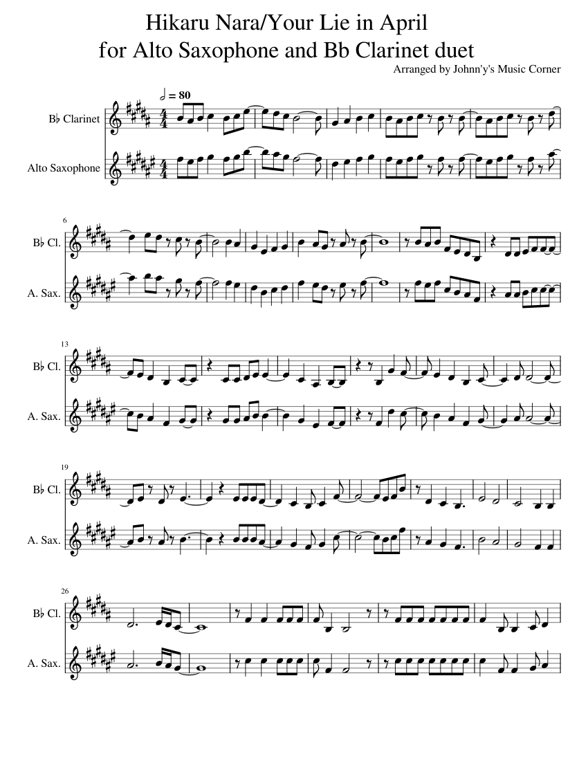 Hikaru Nara/Your Lie in April for Alto Saxophone and Bb duet