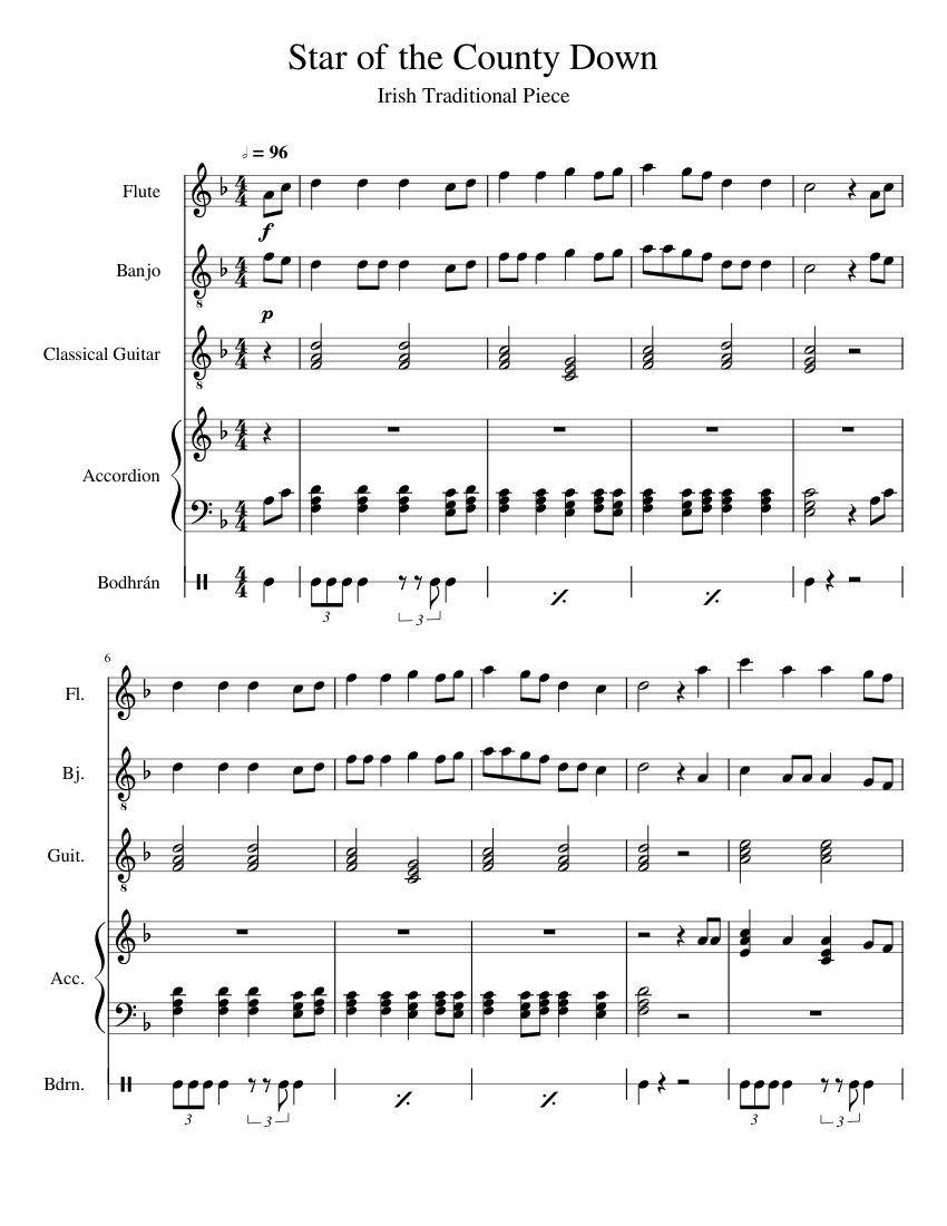 Star of the County Down Sheet music for Accordion, Flute, Guitar, Bass drum  & more instruments (Mixed Quintet) | Musescore.com