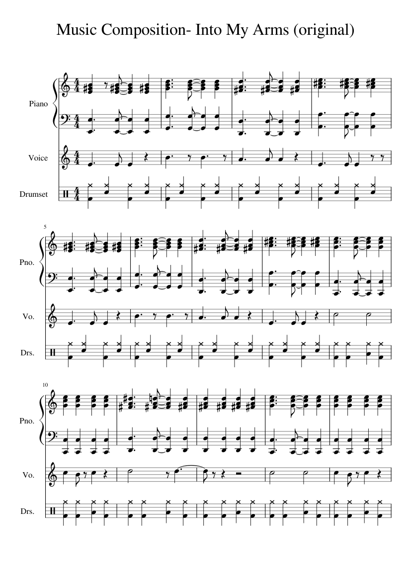 Music Composition- Into My Arms (original) Sheet music for Piano, Vocals,  Drum group (Mixed Trio) | Musescore.com