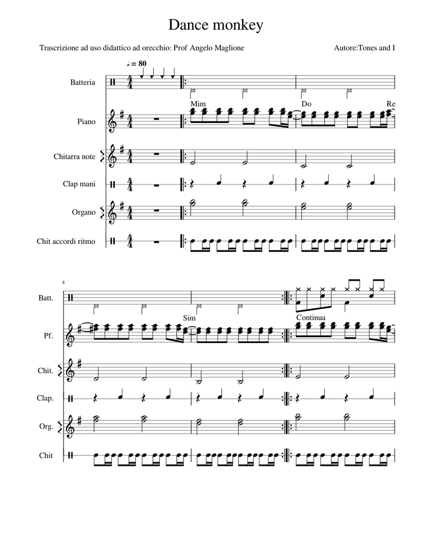 Dance monkey.mscz esercitazione Sheet music for Piano, Organ, Tambourine,  Drum group & more instruments (Rock band) | Musescore.com