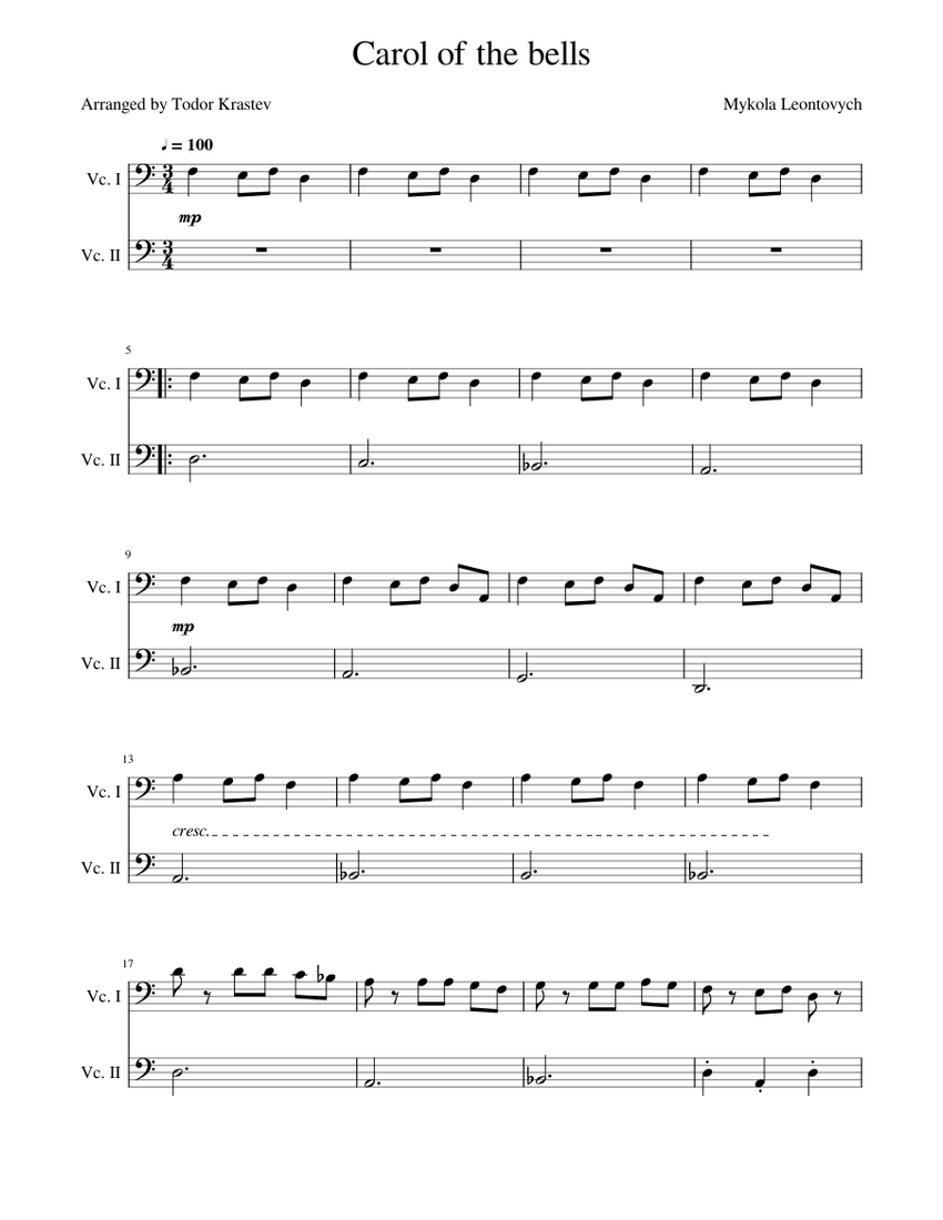 Mykola Leontovych - Carol of the bells - Cello duet Sheet music for ...