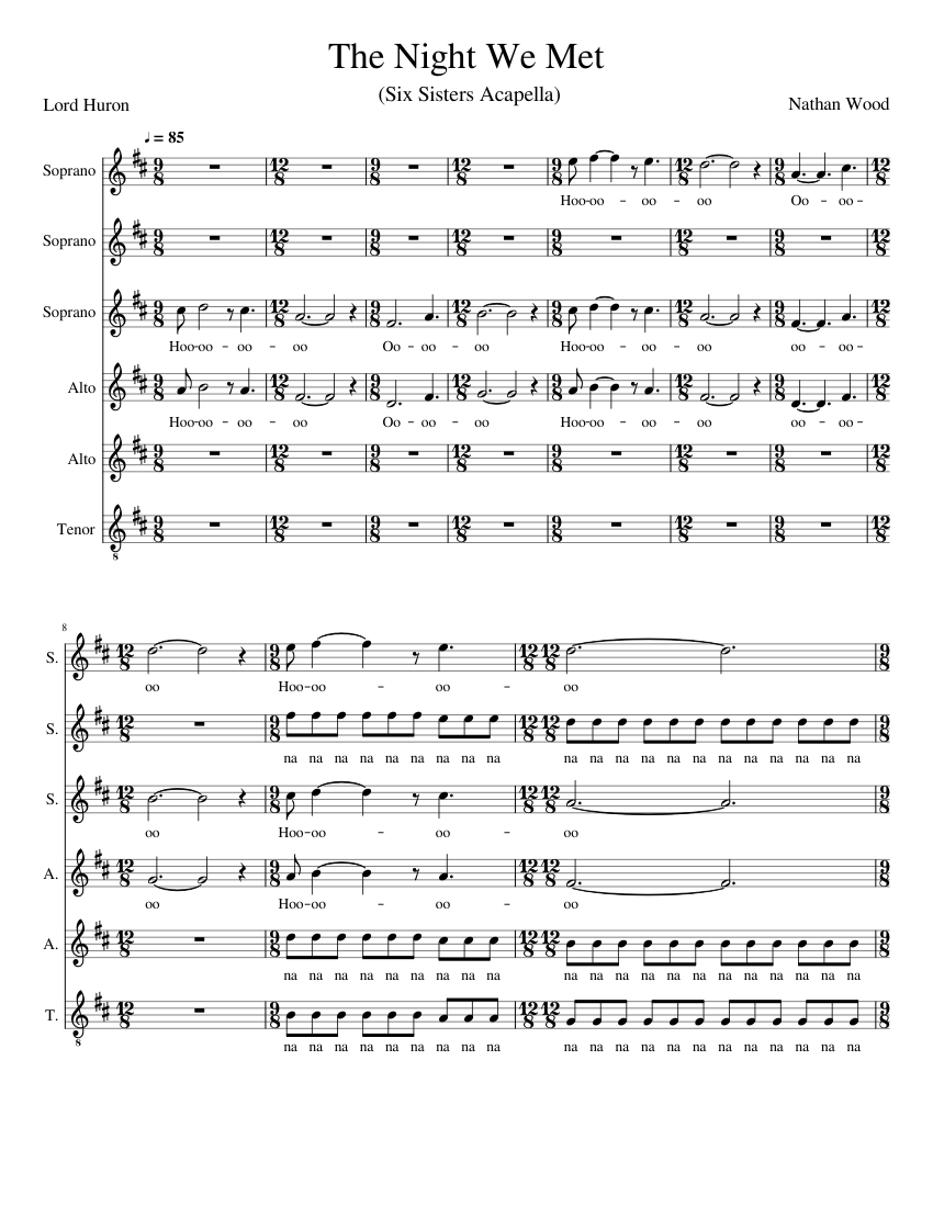 The Night We Met Acapella - Lord Huron (Six Sisters Cover) Sheet music for  Soprano, Alto, Tenor (A Capella) | Musescore.com