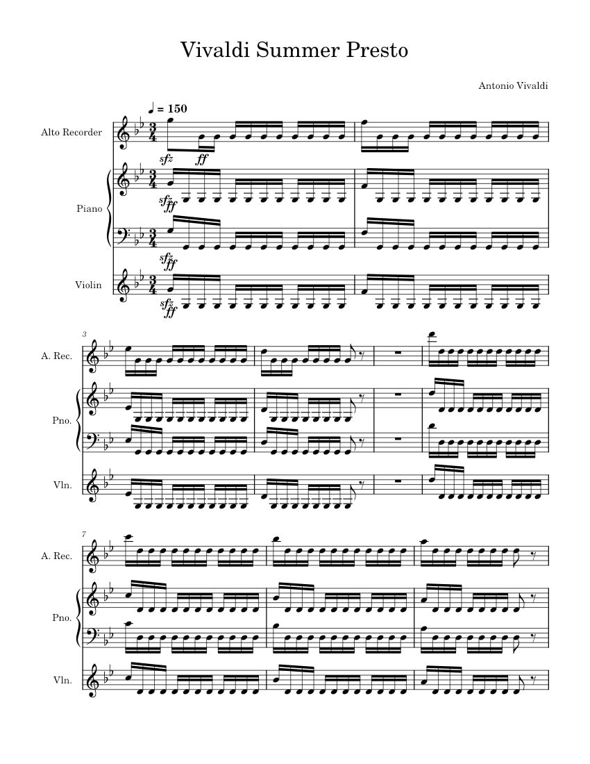 The Four Seasons Summer Antonio Vivaldi Sheet Music For Piano The Four Seasons Summer Antonio Vivaldi Sheet Music For Piano