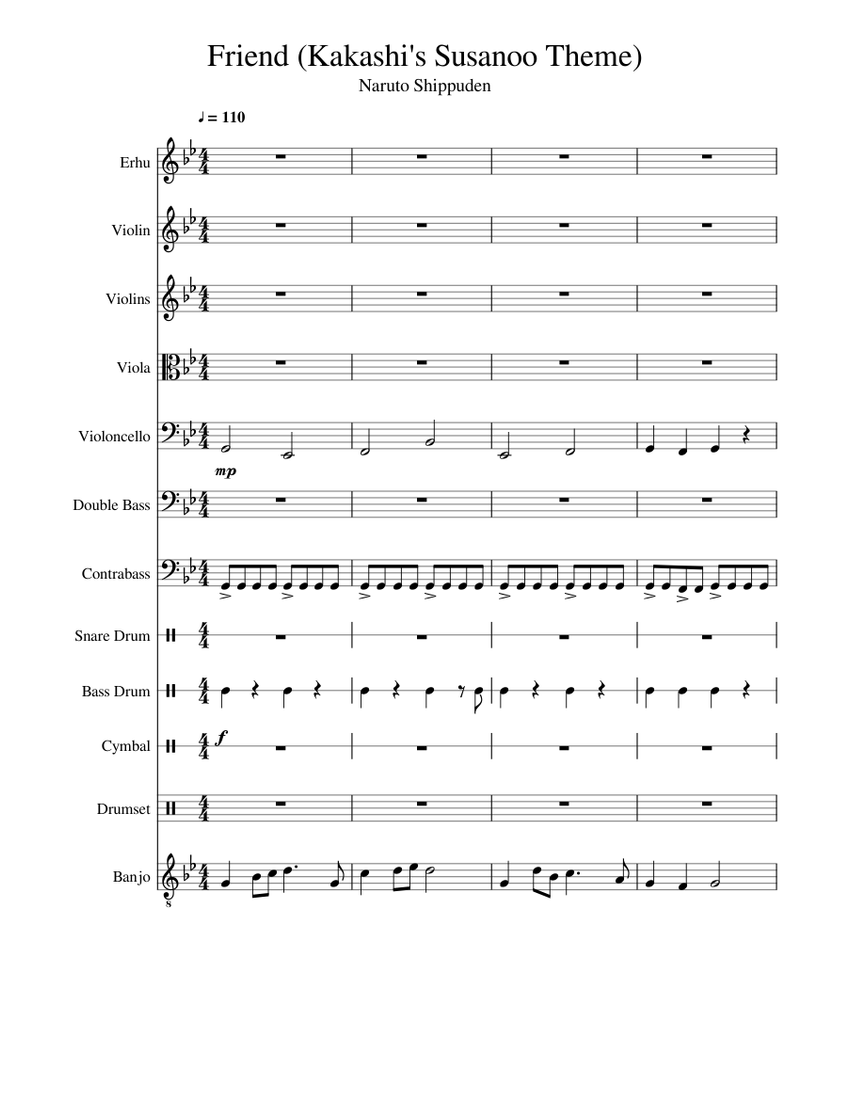 Obito's Theme (My Friend) - Naruto Shippuden OST Sheet music for  Contrabass, Snare drum, Crash, Violin & more instruments (Mixed Ensemble) |  Musescore.com