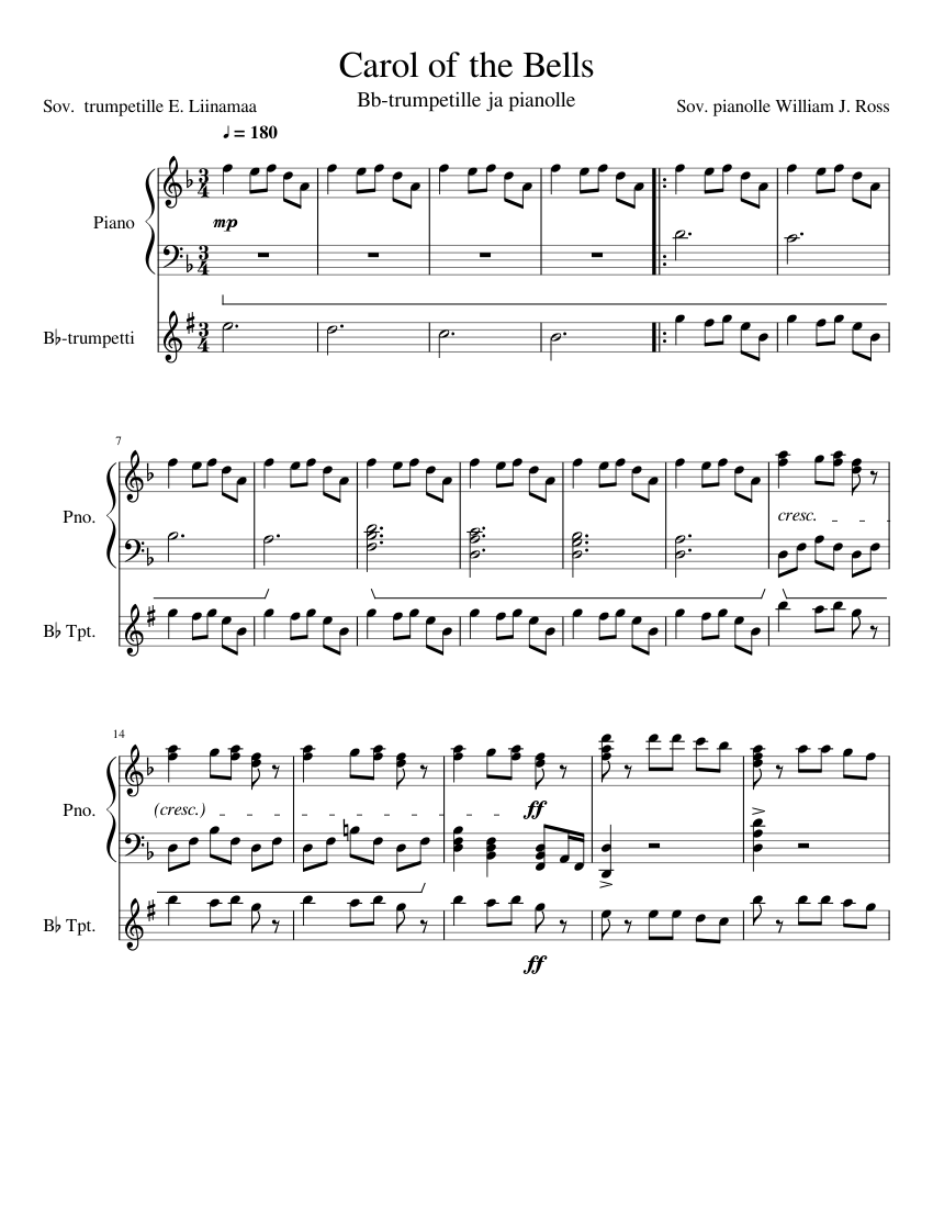 Carol of the Bells Sheet music for Piano, Trumpet in b-flat (Solo ...