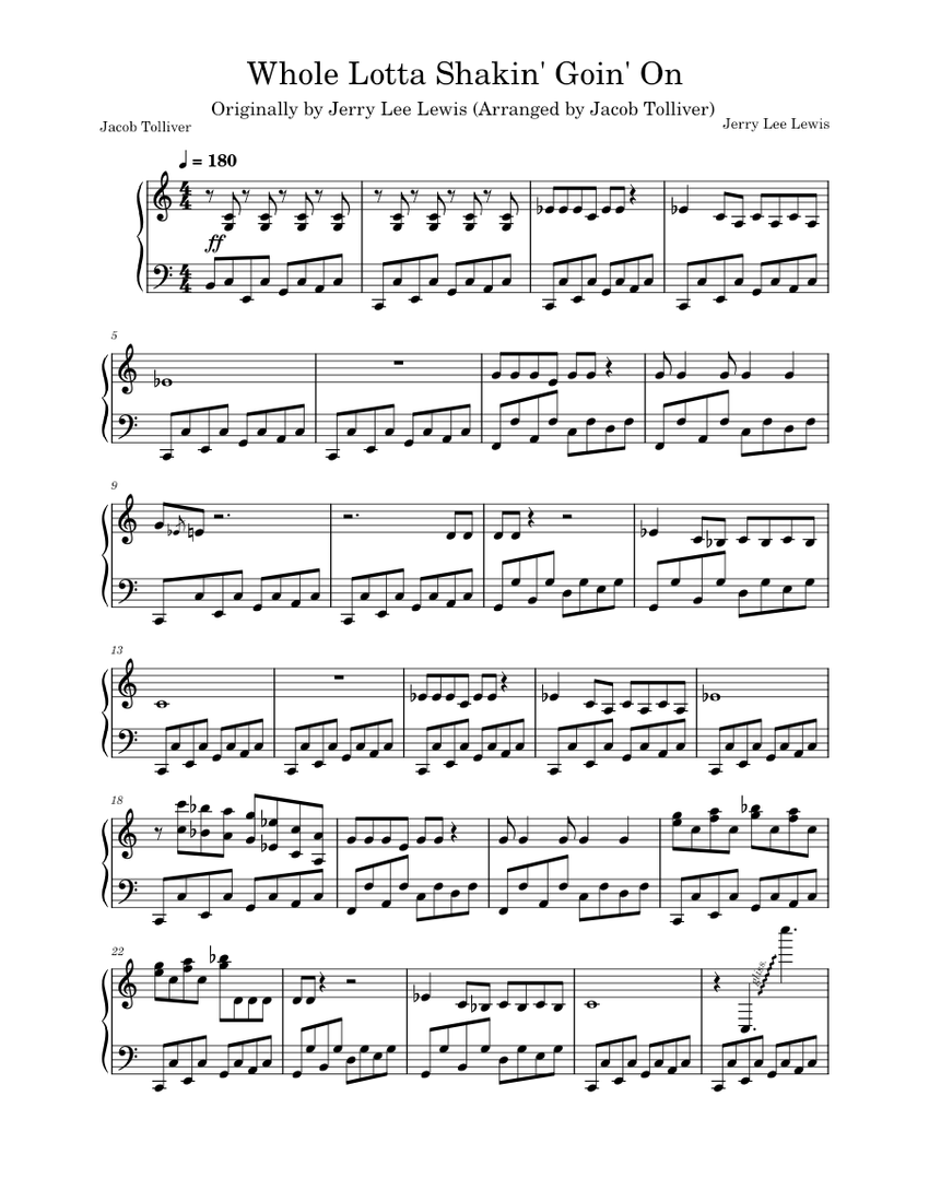 Whole Lotta Shakin' Goin' On - Jerry Lee Lewis (Arr Jacob Tolliver and  James Leung) Sheet music for Piano (Solo) | Musescore.com