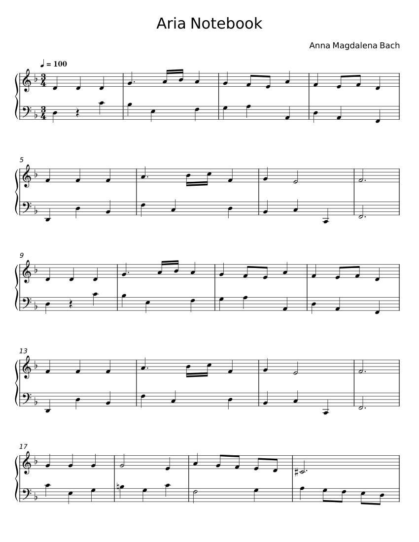 Aria Notebook - Anna Magdalena Bach Sheet music for Piano (Solo) Easy ...