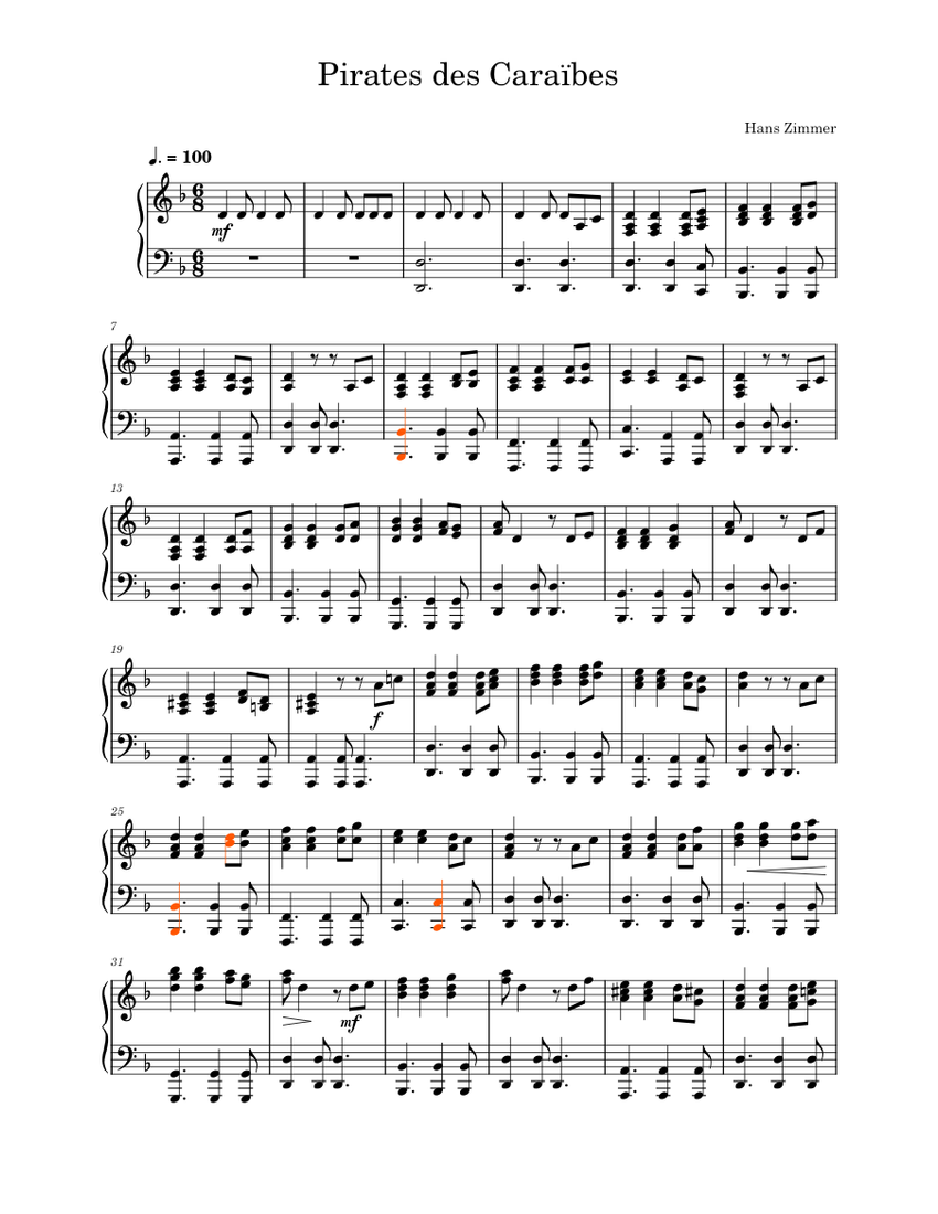 Partition Pirate Des Caraibes Piano