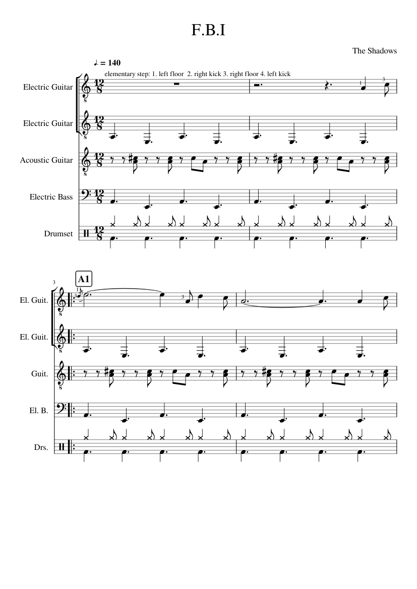 The Shadows - FBI (F.B.I.) Sheet Music for Guitar, Bass guitar