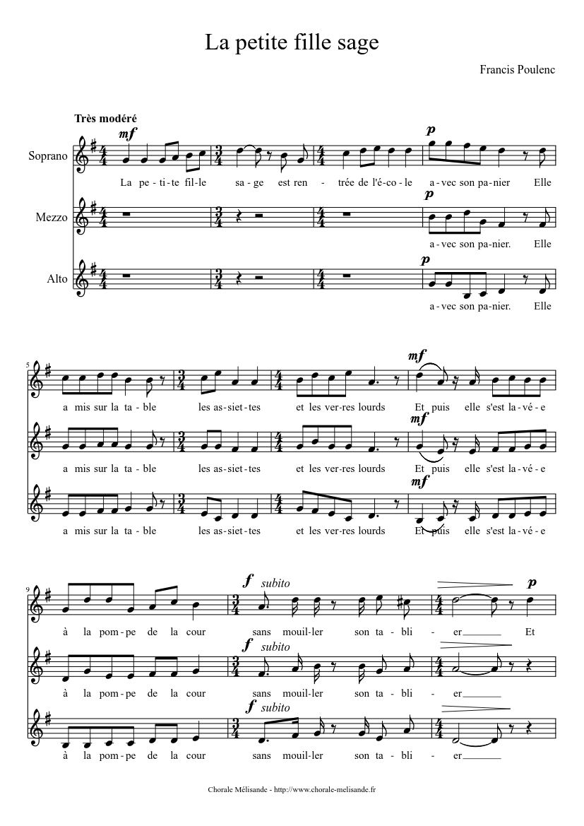 Poulenc La Petite Fille Sage Sheet Music For Soprano Oboe Flute Mixed Trio Musescore Com