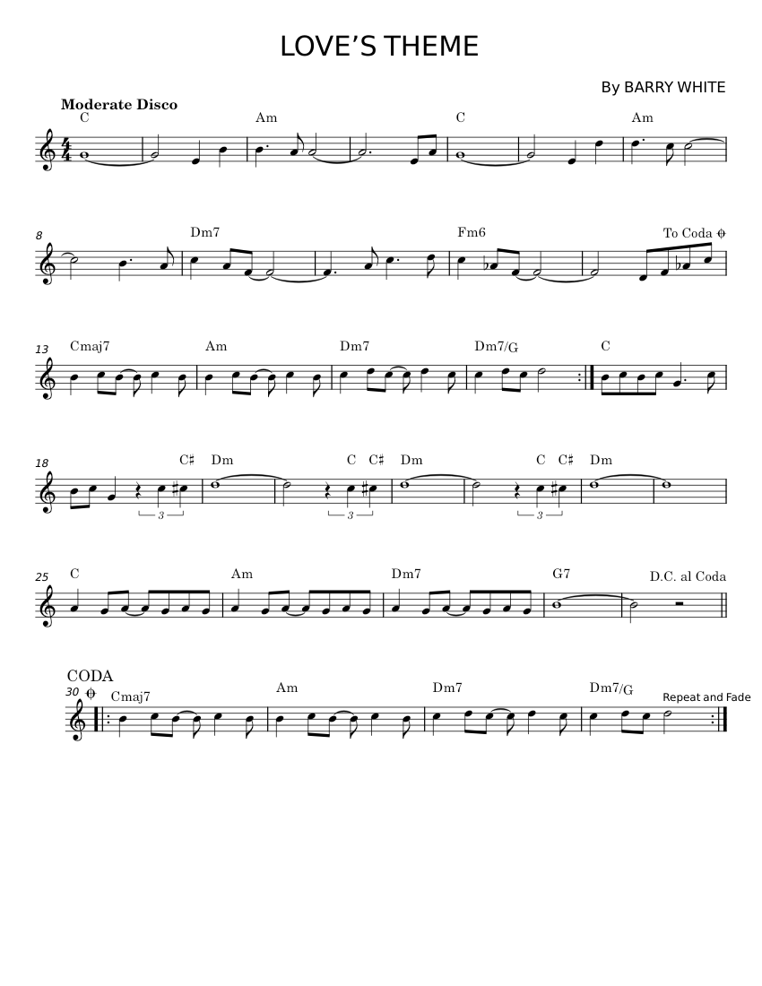 Love's Theme - Barry White Sheet Music For Piano (solo) Easy 