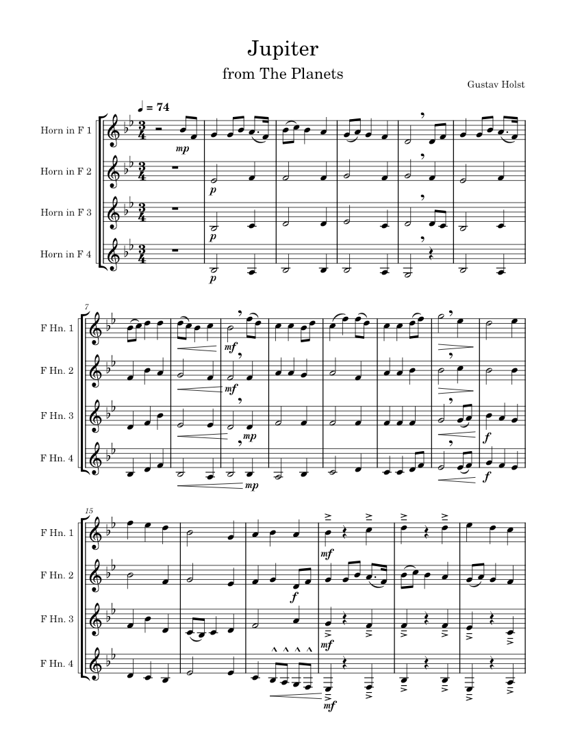 Jupiter Gustav Holst Sheet music for French horn (Brass Quartet
