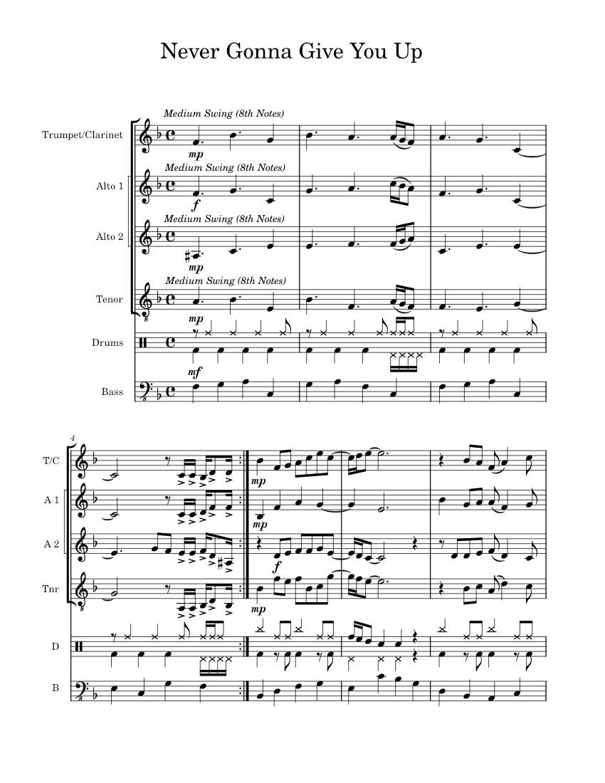 Never Gonna Give You Up – Rick Astley (Small Band) Sheet music for ...