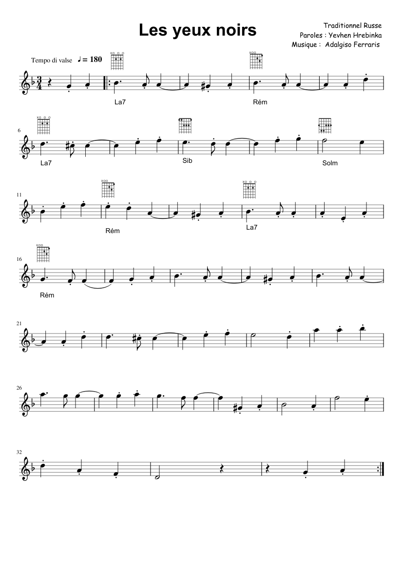 Les yeux noirs Sheet music for Violin (Solo) | Musescore.com