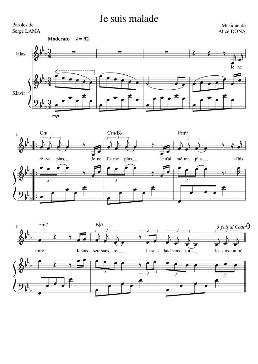 Je suis malade - Lara Fabian Sheet music for Piano, Vocals (Piano-Voice) |  Musescore.com