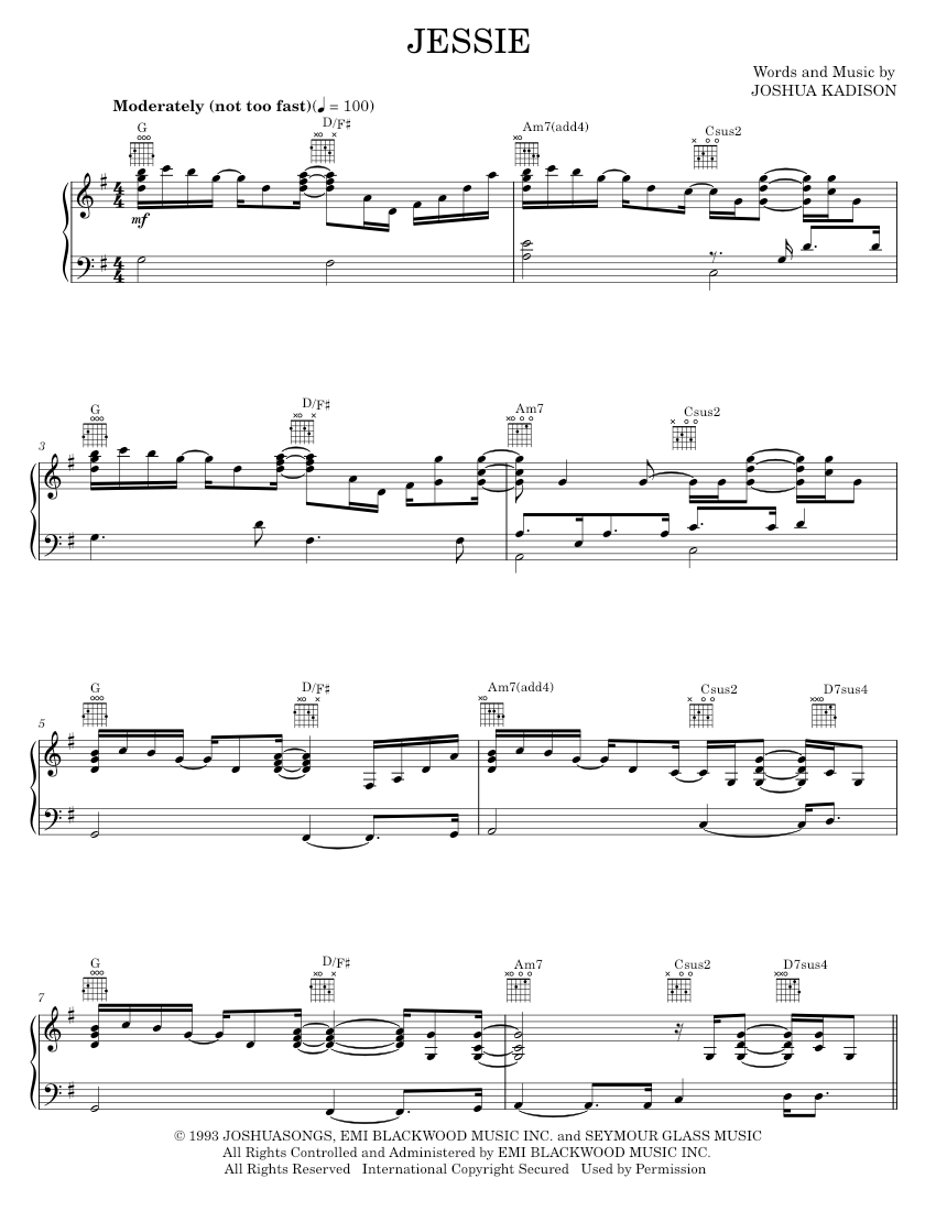Play Official version of Jessie sheet music by Joshua Kadison for Piano ...