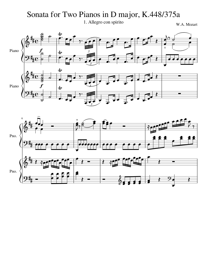 Sonata for Two Pianos in D major, K.448/375a Sheet music for Piano (Piano  Duo) | Musescore.com