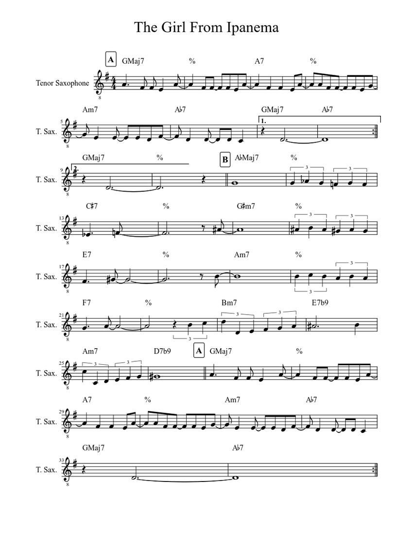 The Girl From Ipanema Sheet music for Saxophone tenor (Solo