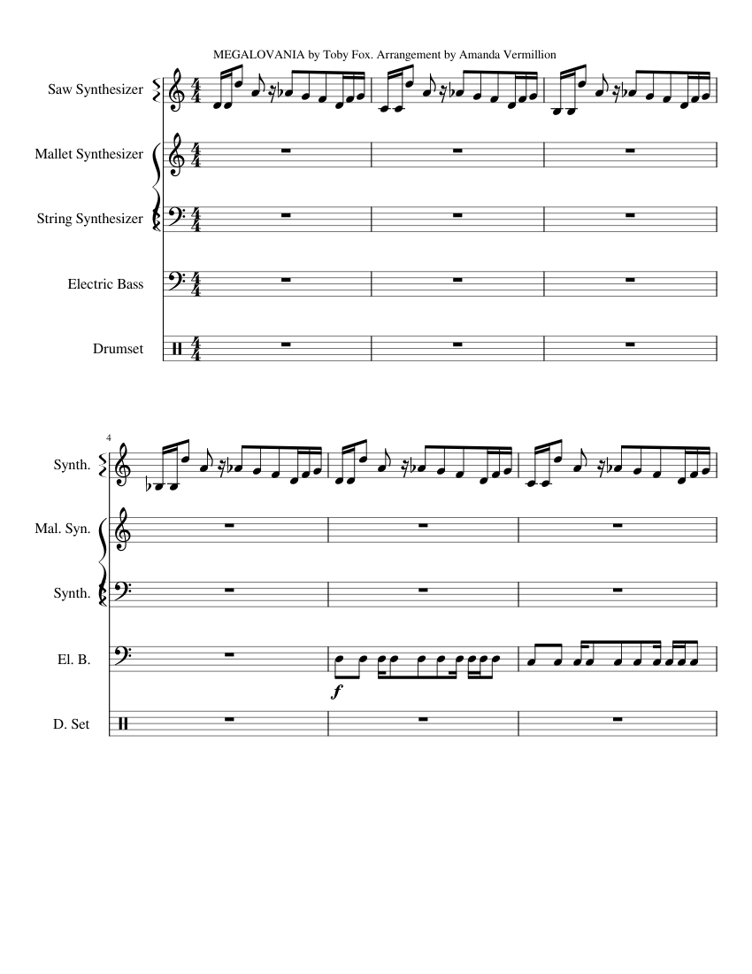 Megalovania - a transcript Sheet music for Bass guitar, Drum group, Strings  group, Synthesizer (Mixed Quintet) | Musescore.com