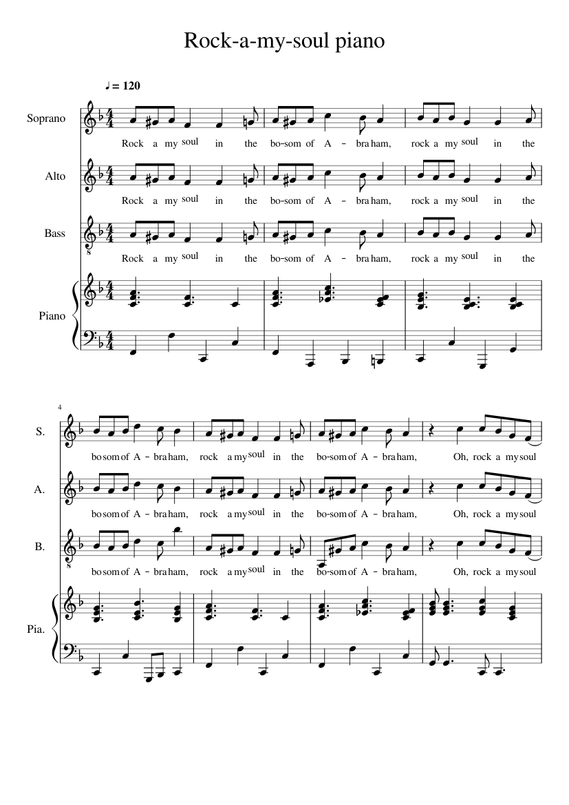 Rock-a-my-soul piano Sheet Music for Piano, Soprano, Alto, Bass