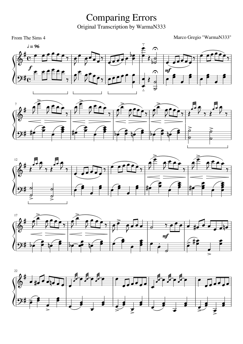 Comparing Errors - from The Sims 4 - by WarmaN333 Sheet music for Piano  (Solo) | Musescore.com