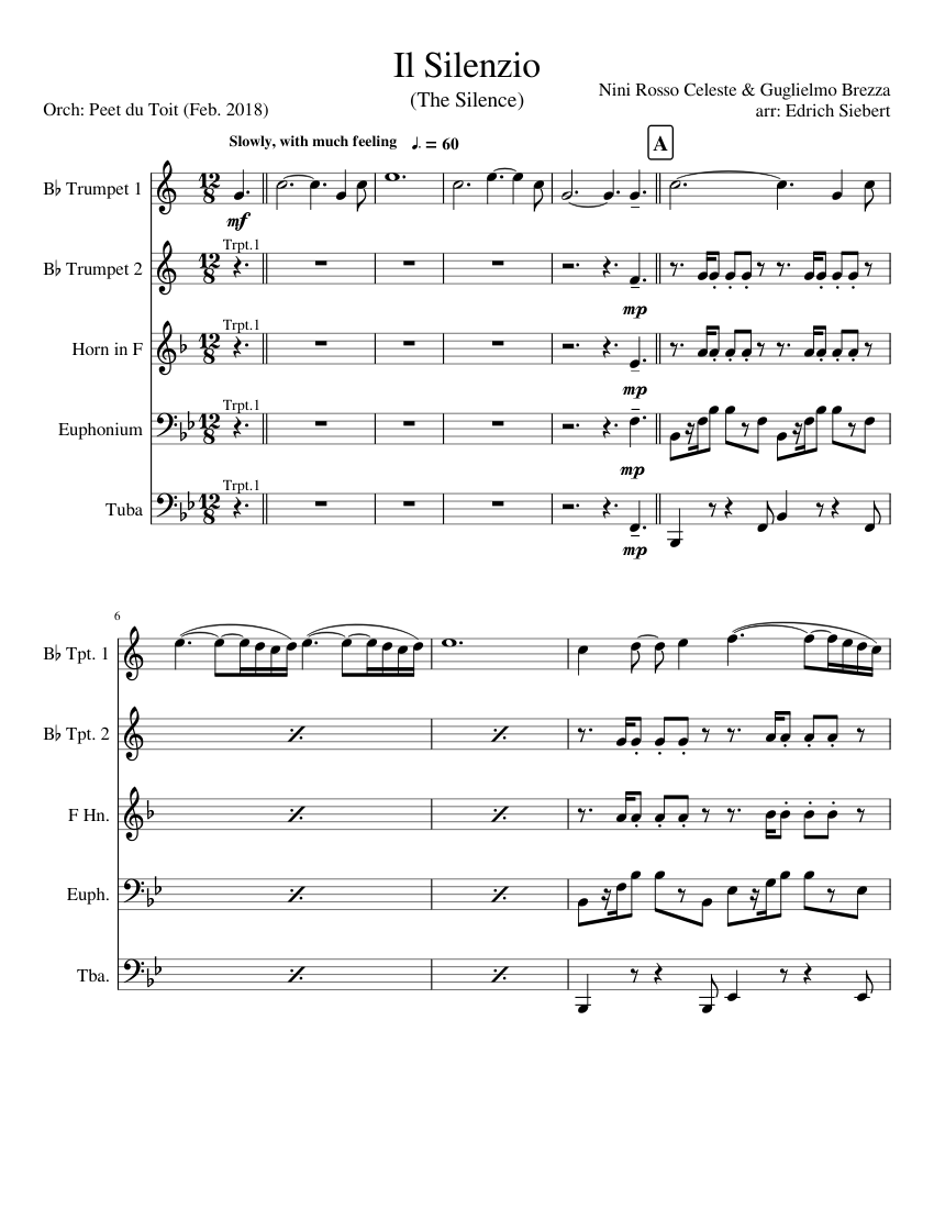 Il Silenzio - N Rosso Celeste & G Brezza arr. E Siebert (Brass Quintet) Sheet  music for Euphonium, Tuba, Trumpet in b-flat, French horn (Mixed Quintet) |  Musescore.com