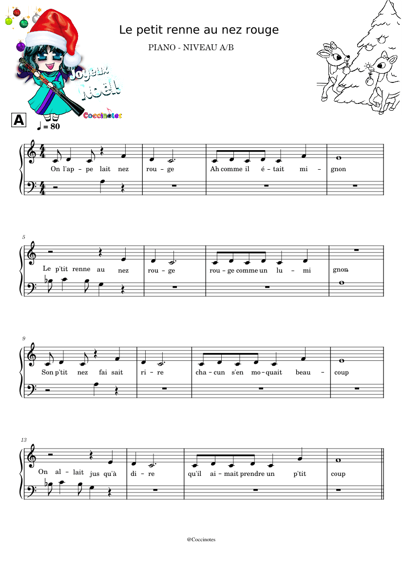 Le petit renne au nez rouge - Niveau A/B Sheet music for Piano (Solo ...