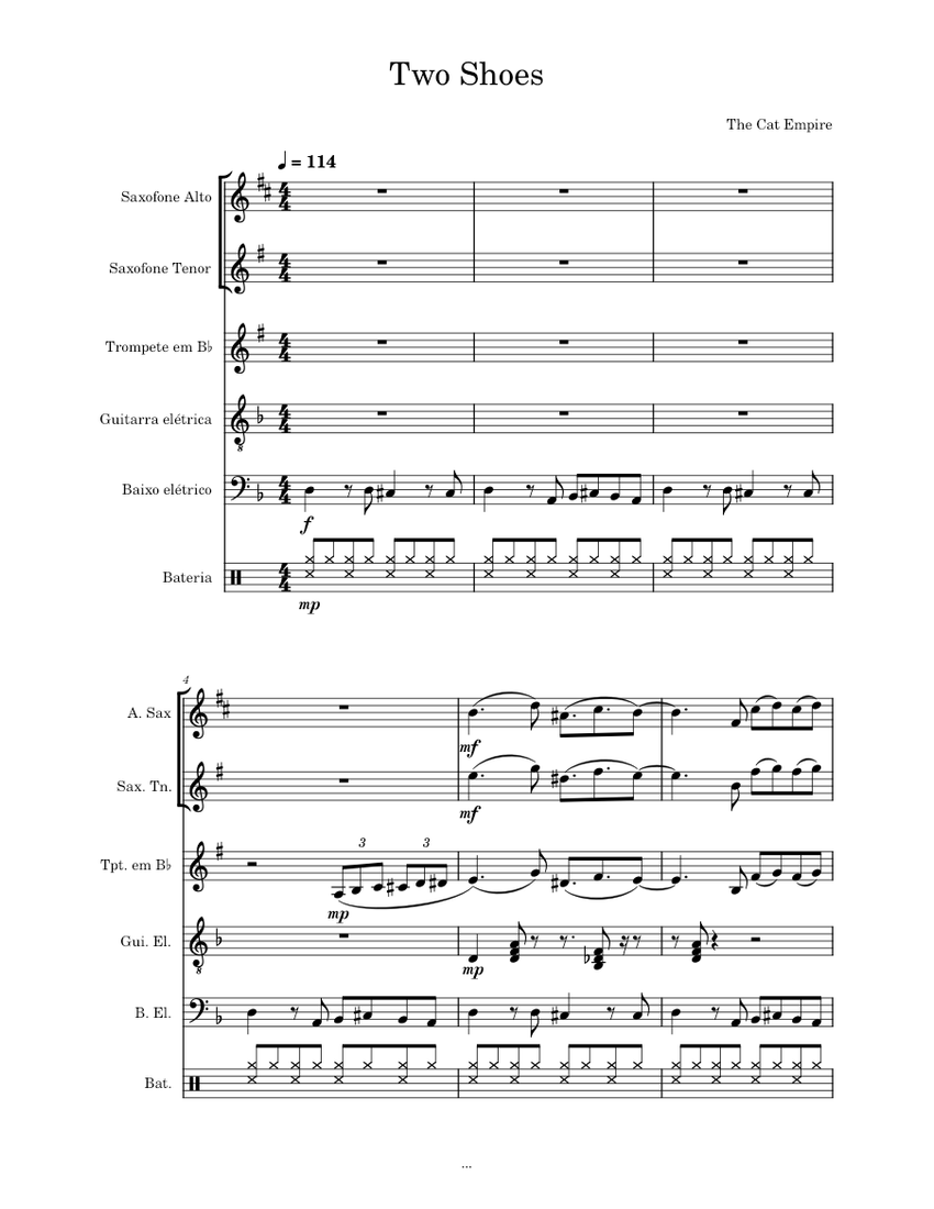 The Cat Empire Two Shoes Sheet Music For Saxophone Alto Saxophone Tenor Trumpet In B Flat Guitar Bass Guitar Drum Group Mixed Ensemble Download And Print In Pdf Or Midi Free