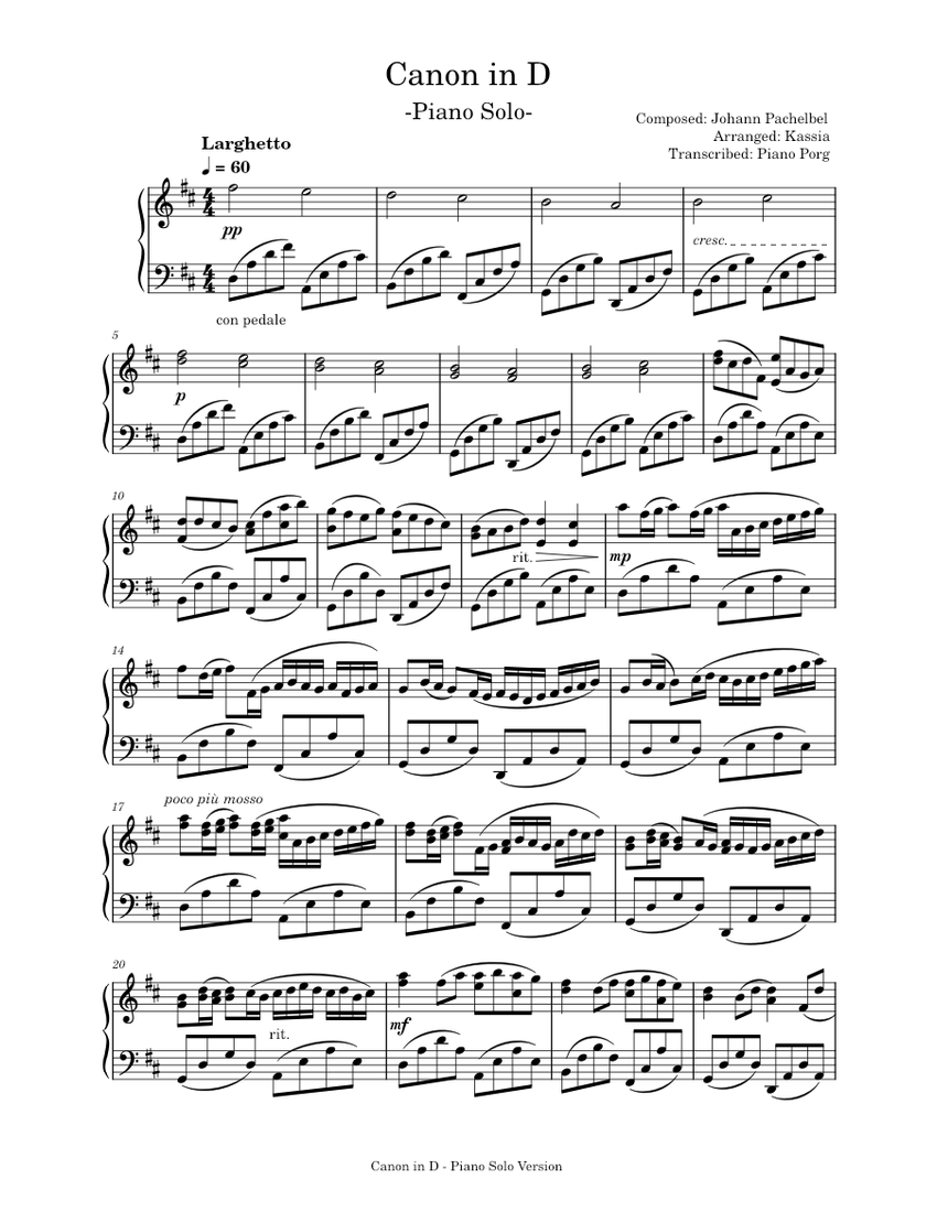 Canon in D – Johann Pachelbel (Kassia) Modern Piano Version Sheet music for  Piano (Solo) | Musescore.com
