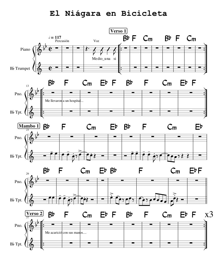 El niágara en bicicleta Juan Luis Guerra Sheet music for Piano, Trumpet in  b-flat (Solo) | Musescore.com