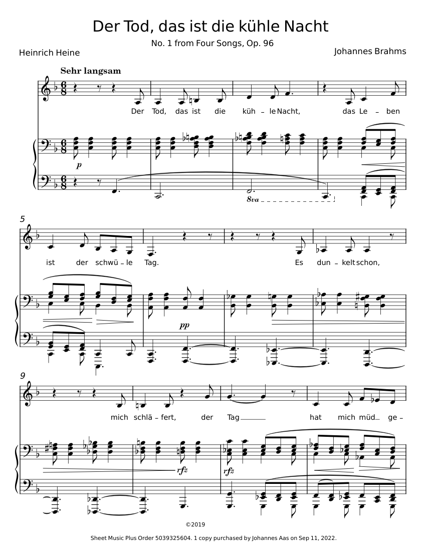 Der Tod, das ist die kühle Nacht - Heinrich Heine 楽譜 ピアノ