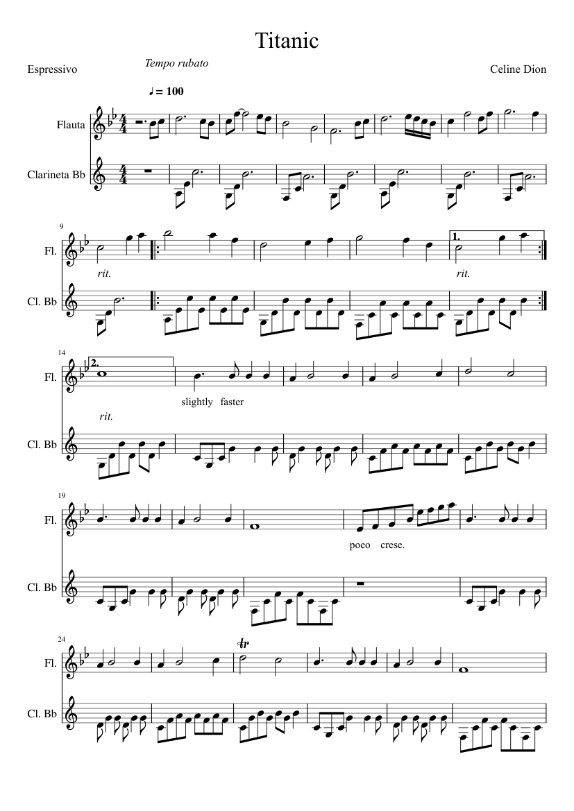 Titanic - Duo Flute and Clarinet Sheet music for Flute, Clarinet (In B  Flat) (Woodwind Duet) | Musescore.com