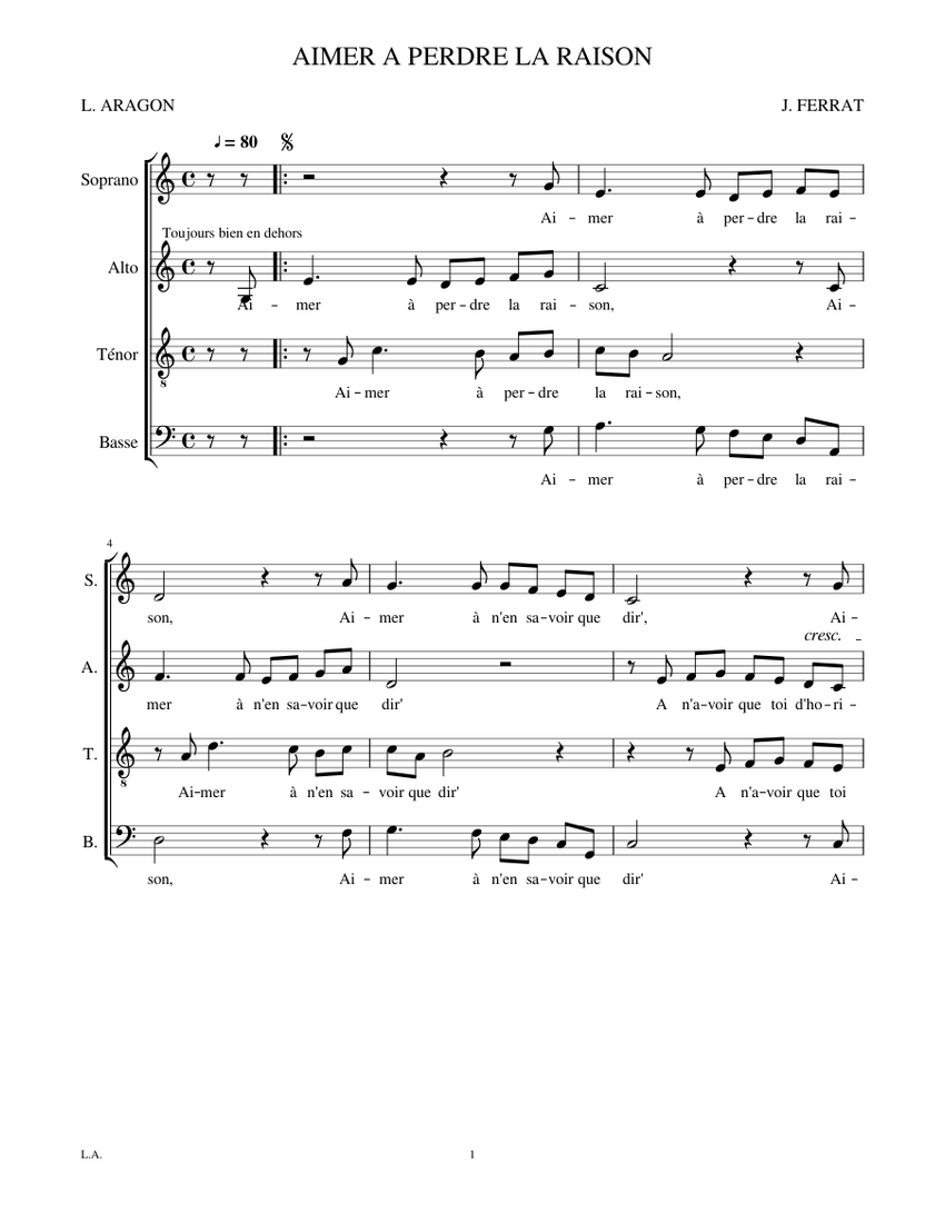 AIMER A PERDRE LA RAISON SATB Sheet music for Soprano, Alto, Tenor, Bass  voice (SATB) | Musescore.com