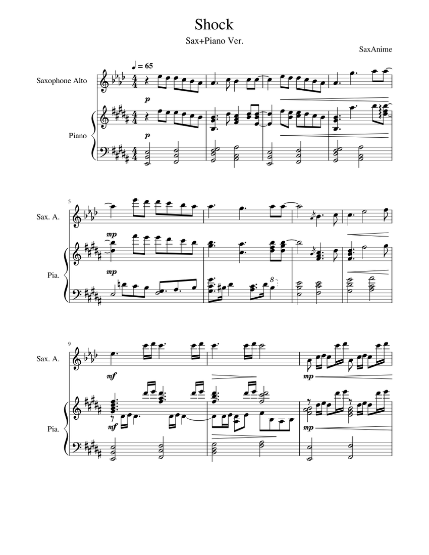 Shock Sax/Piano Attack On Titan ED6 Sheet music for Piano, Saxophone