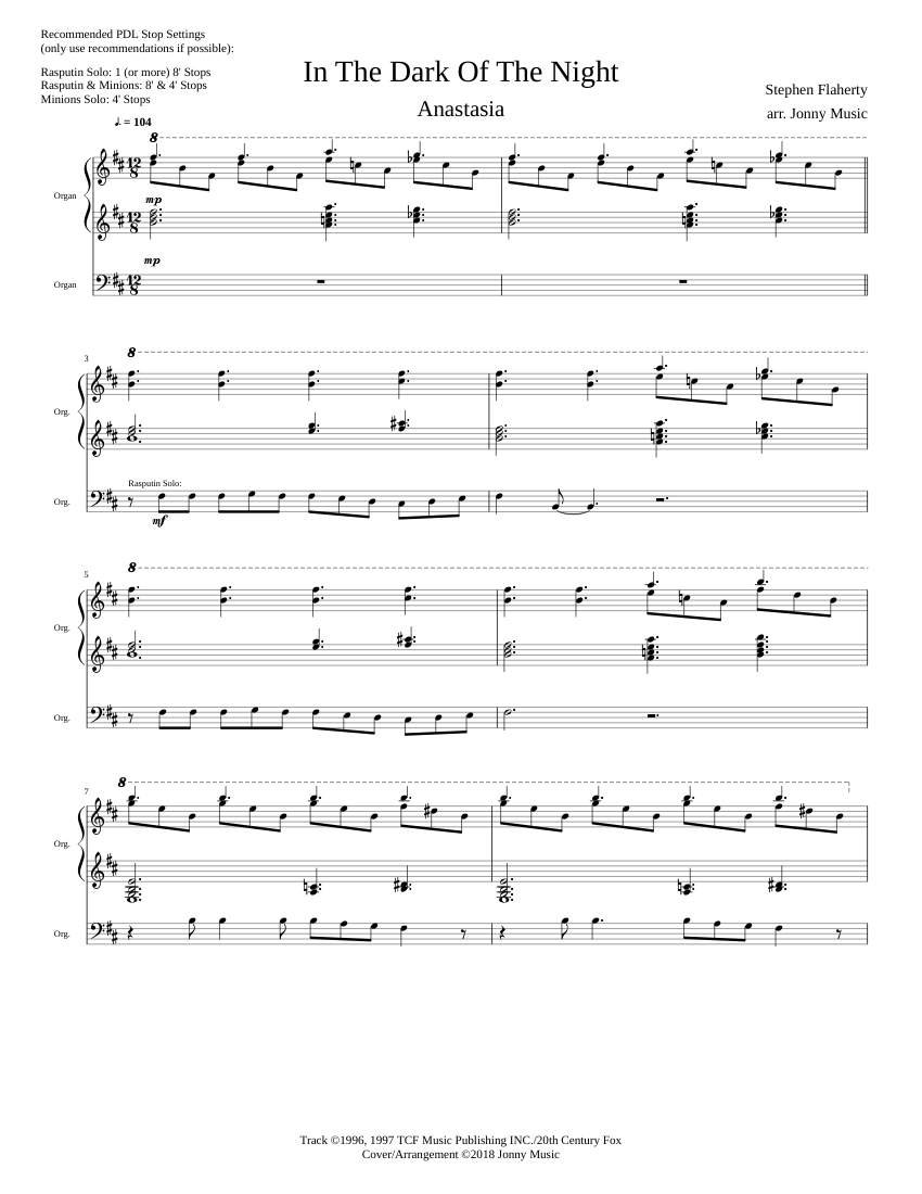 In The Dark of the Night (Anastasia) Organ Cover Sheet music for Organ  (Solo) | Musescore.com