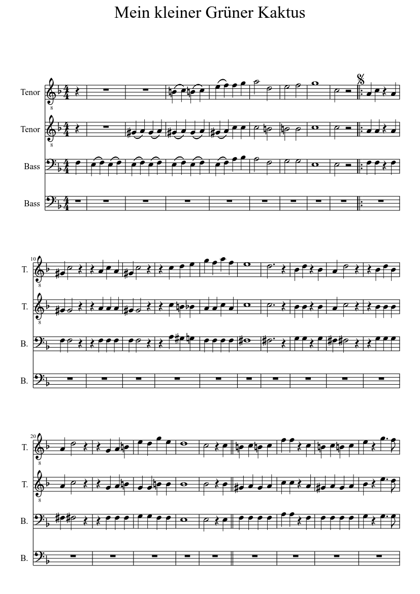Mein kleiner grner Kaktus Sheet Music for Bass guitar (Mixed Duet) |  MuseScore.com