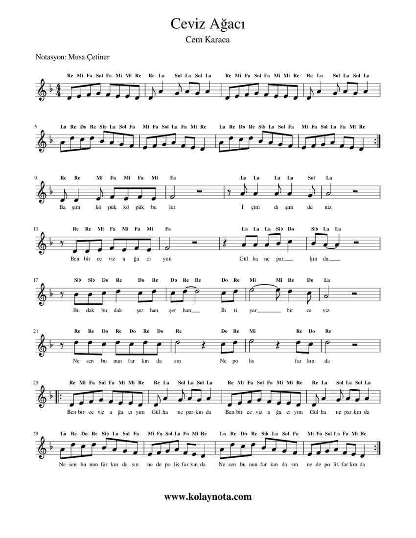 Ben Bir Ceviz Ağacıyım - Kolay Nota Sheet music for Piano (Solo) |  Musescore.com