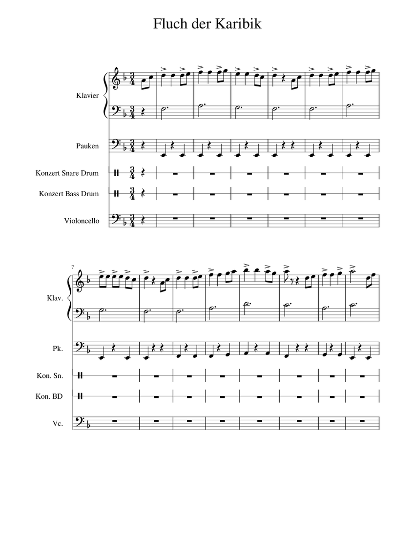 Fluch der Karibik Sheet music for Piano, Timpani, Snare drum, Cello, Bass  drum (Concert Band) | Download and print in PDF or MIDI free sheet music  for Fluch Der Karibik by Klaus