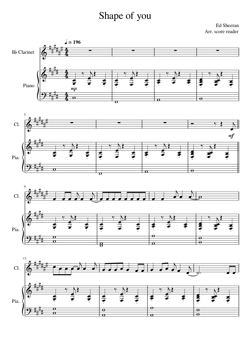 Shape of you - Ed Sheeran Sheet music for Piano, Clarinet in b-flat (Solo)  | Musescore.com