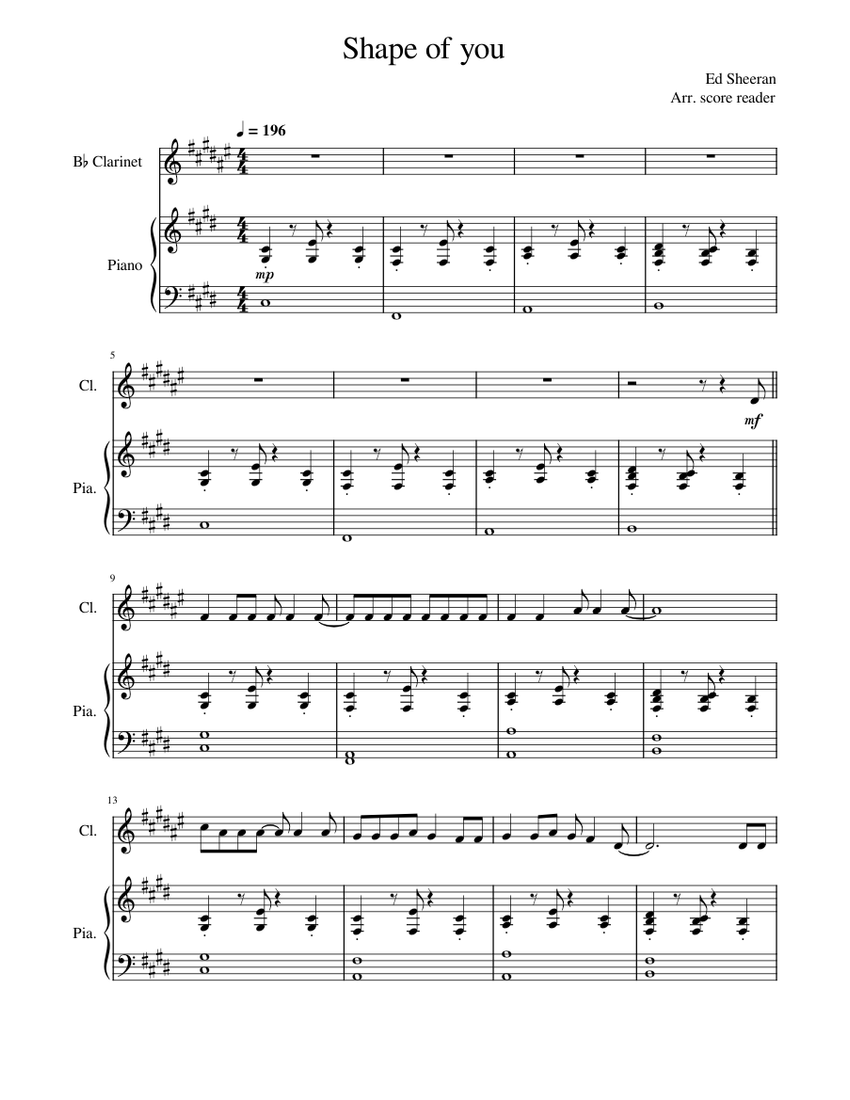 Shape Of You Ed Sheeran Sheet Music For Piano Clarinet In B Flat Solo Musescore Com Released in early 2017, shape of you by ed sheeran has become a global hit. shape of you ed sheeran sheet music