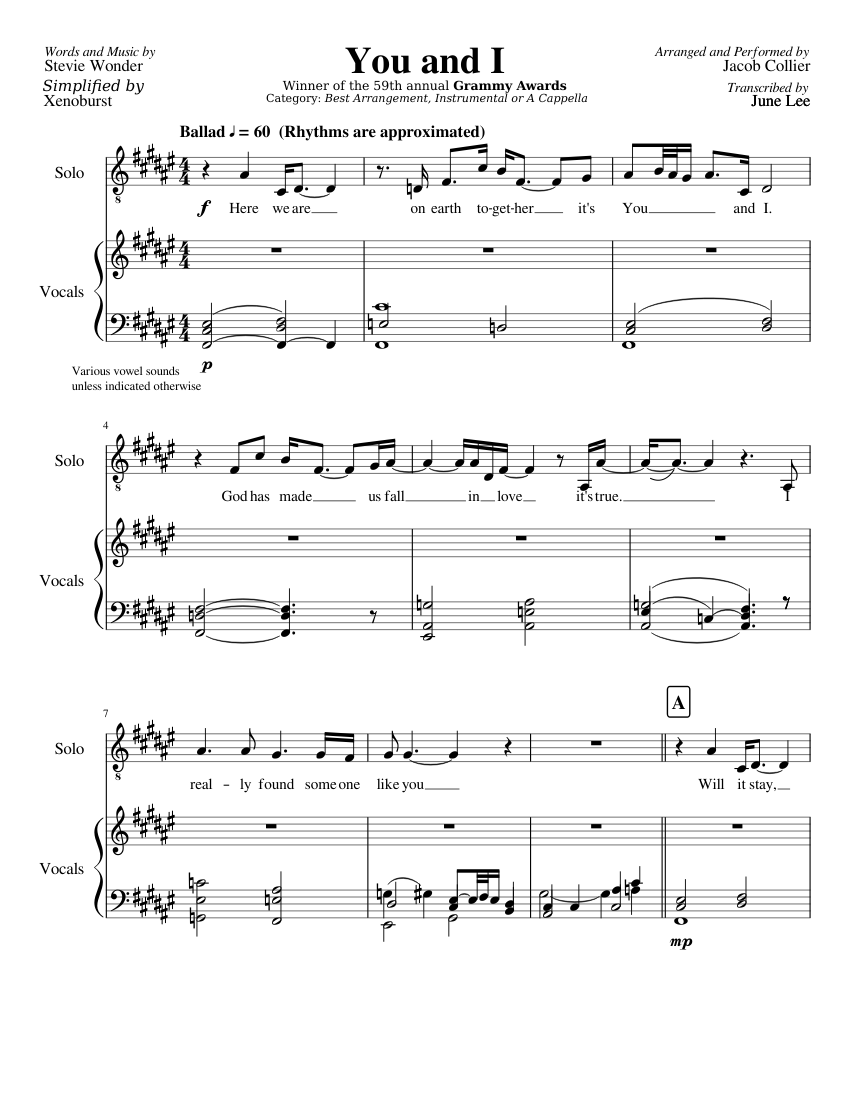 You and I (Jacob Collier version) Simplified Sheet music for Piano (Solo) |  Musescore.com