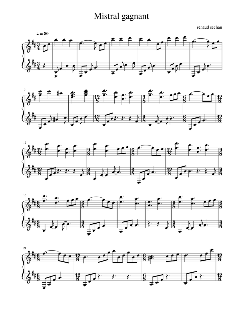 Mistral gagnant Sheet music for Piano (Solo) | Musescore.com
