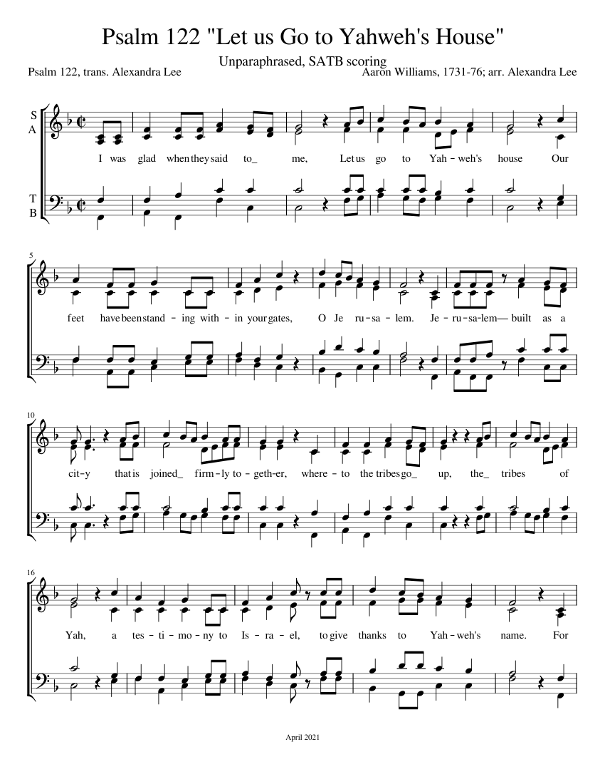 Psalm 122 Unparaphrased Let Us Go To Yahweh S House Sheet Music For Female Male Satb Musescore Com