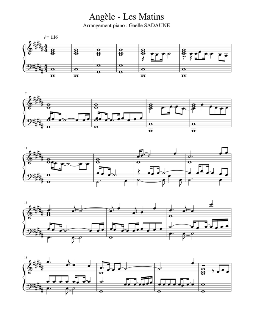 Les matins – Angèle Arrangement Gaëlle SADAUNE Sheet music for Piano (Solo)  | Musescore.com