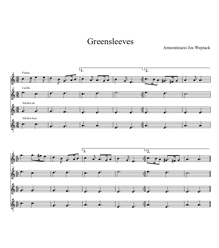 Greensleeves Sheet music for Xylophone, Recorder, Percussion - pitched (other), Metallophone ...