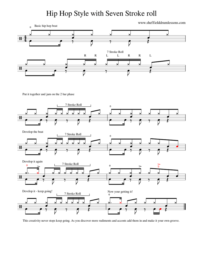 Drum Beat Progression Hip style with seven stroke roll Sheet music for Drum group (Band Methods & Exercises) | Musescore.com