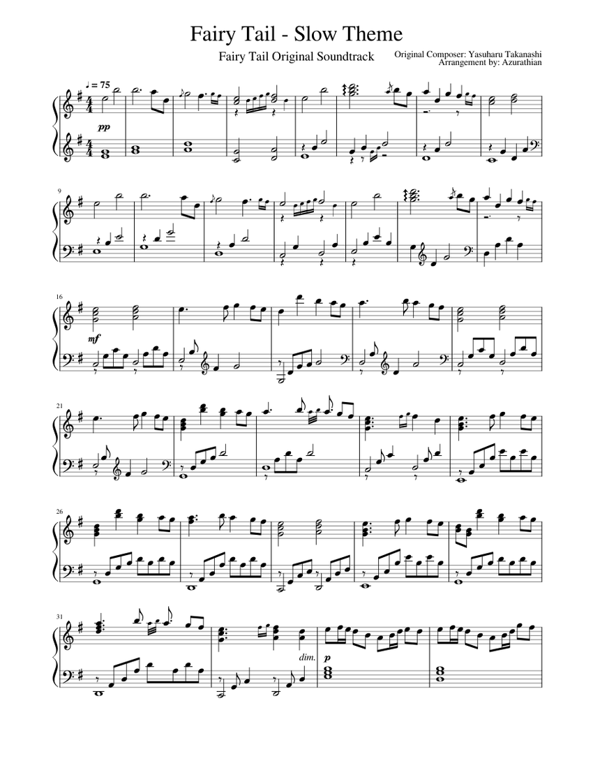 Slow Theme - Fairy Tail [piano] Sheet music for Piano (Solo